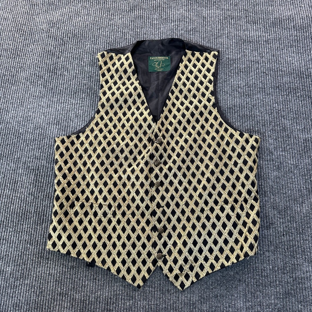 Favourbrook Mens Jermyn Street Waistcoat XL Black Gold Diamond Embroidered Vest